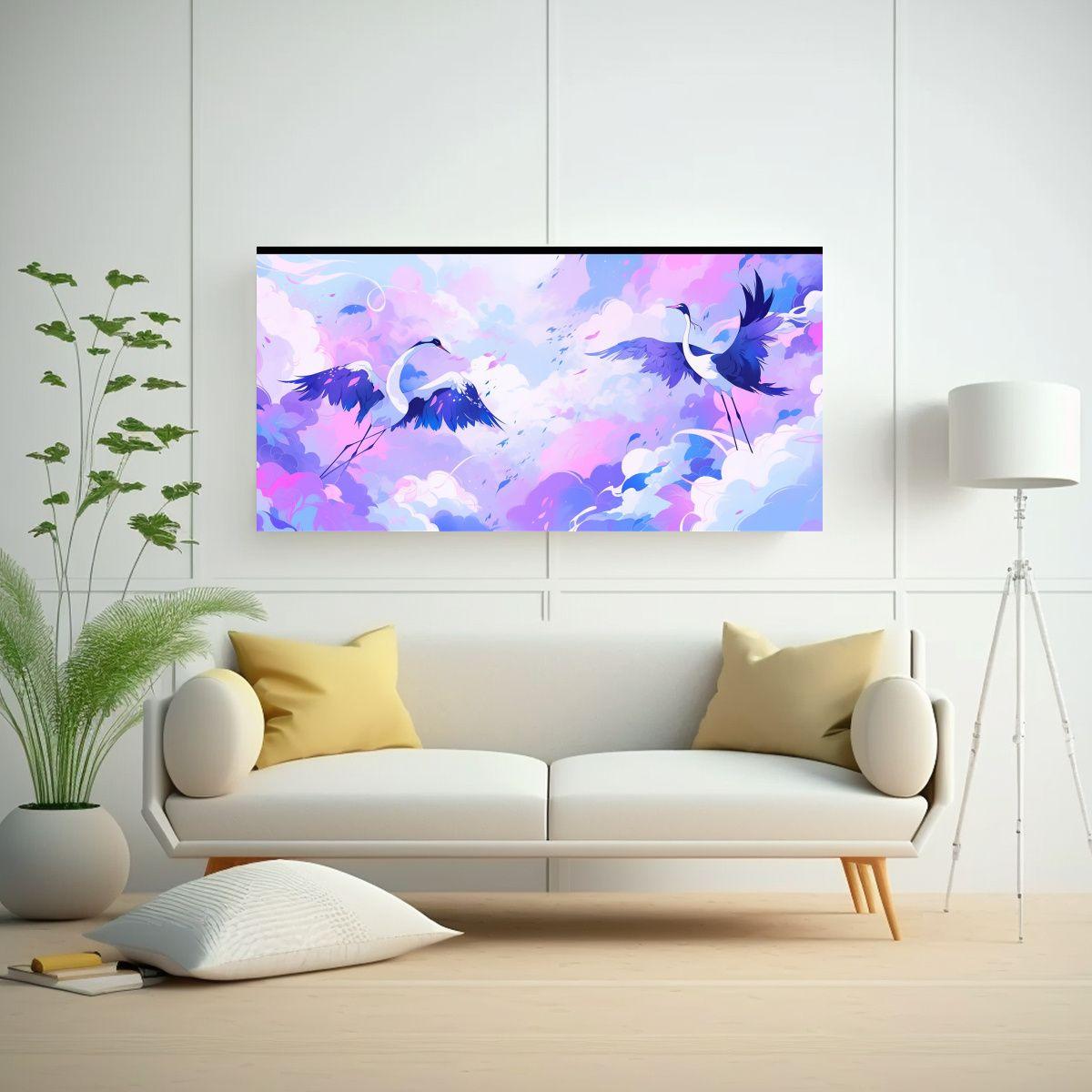 Pintura De Grullas En Colores Púrpura Y Azul: Equ 80x40cm-2