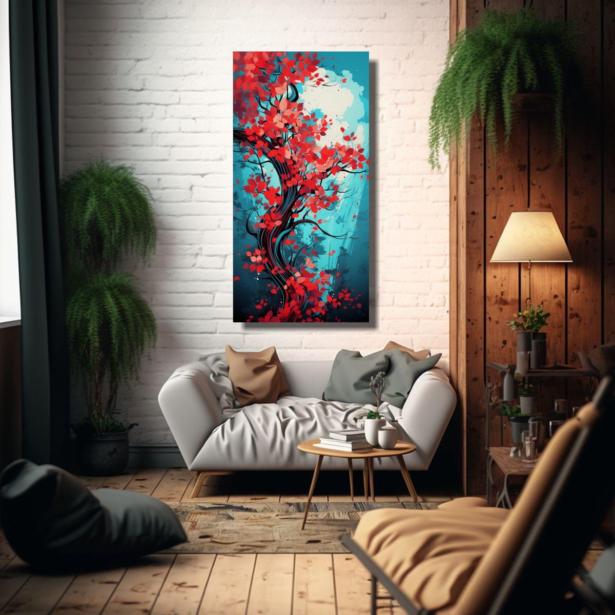 Cuadro Acuarela Estética Árbol Mango En Rojo Y 80x160cm-2