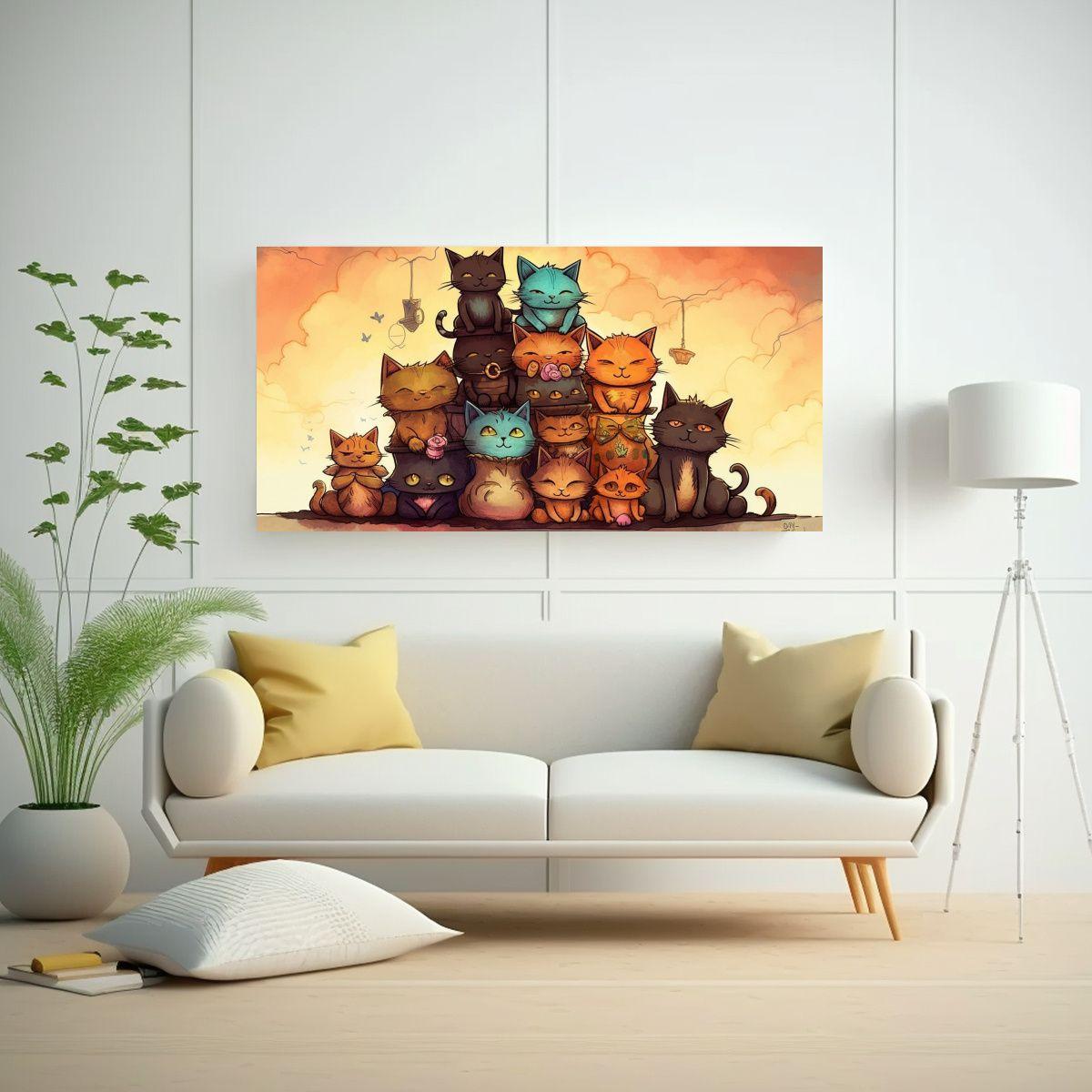 Pintura De Gatos Multicolores En Pila Mirando 100x50cm-2