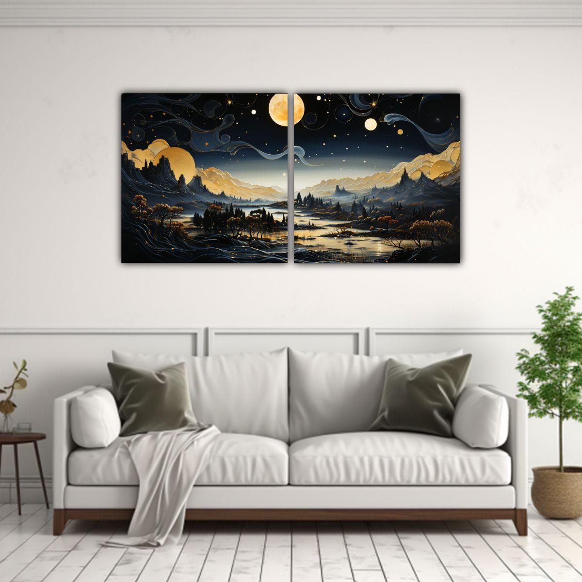 Pintura Con Luna Y Montañas En Bastidor 100x50 Cm-2