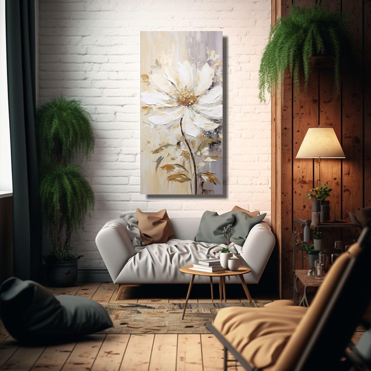 Pintura De Flores Blancas En Lienzo Estilo 70x140cm-2