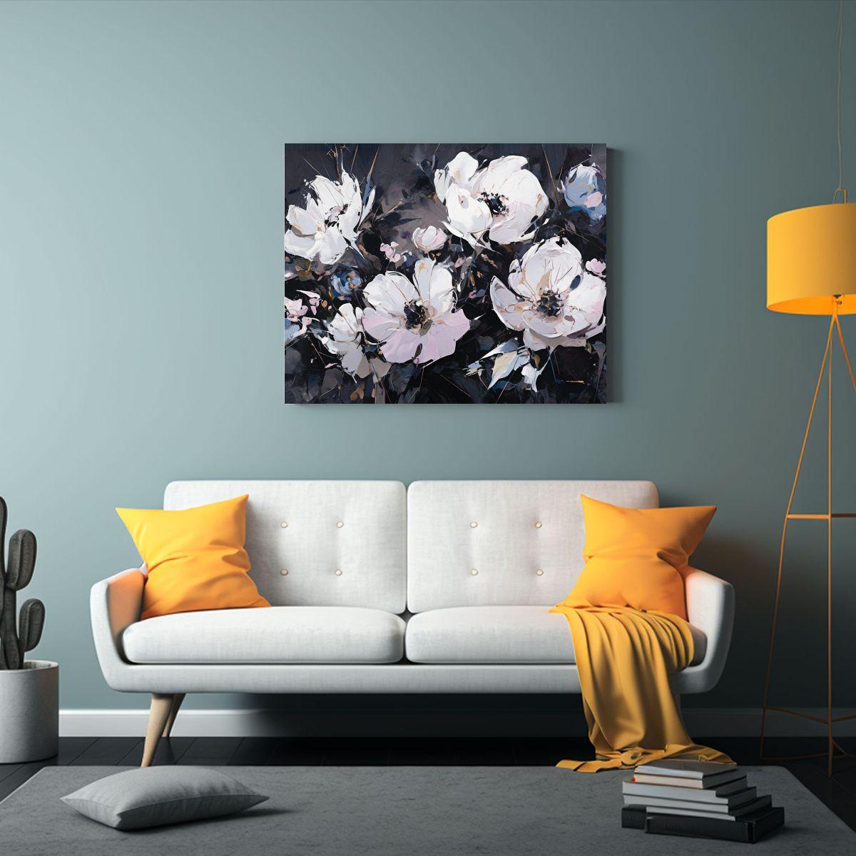 Cuadro Negro Intenso Con Flores En Lienzo Estilo Decorativo. 45x30cm-2