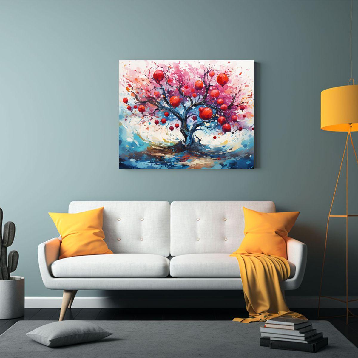 Cuadro Abstracto De árbol De Granada En Colores Rojo Y Azul 65x50cm-2