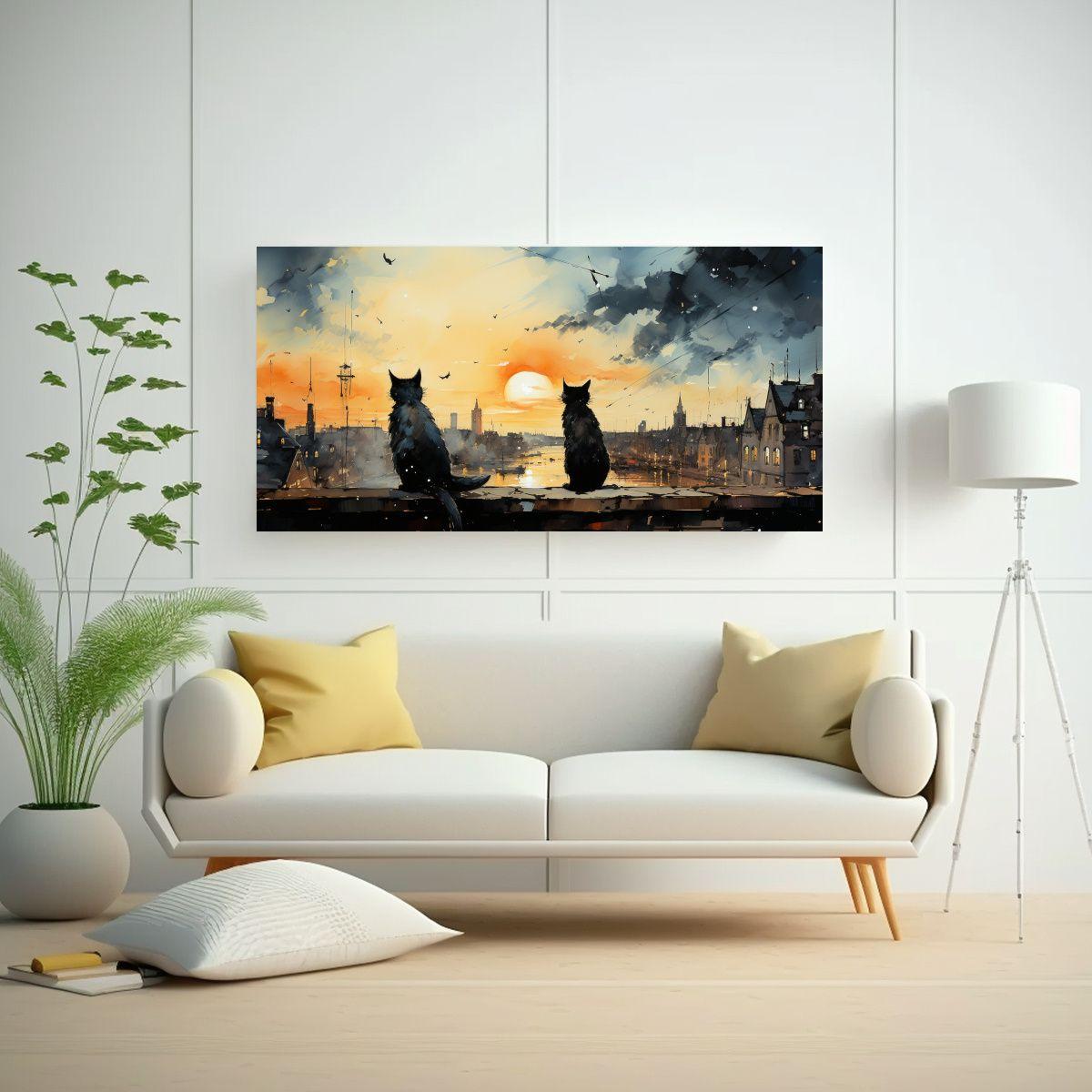 Pinturas Decorativas: Gatos Negros En El Tejado 100x50cm-2