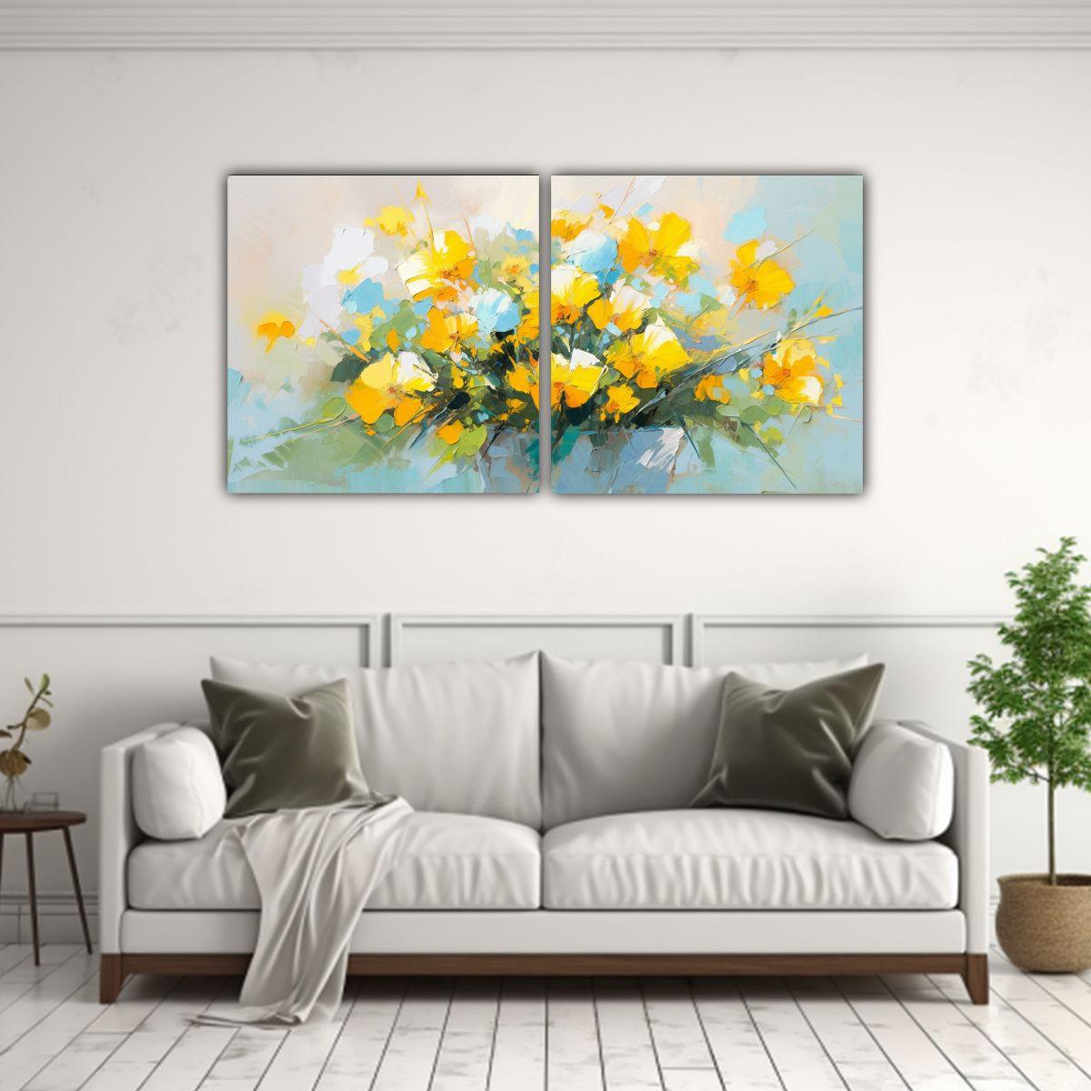 Pintura Vanguardia Espacio Amarillo Y Cian Flores 120x60 Cm-2