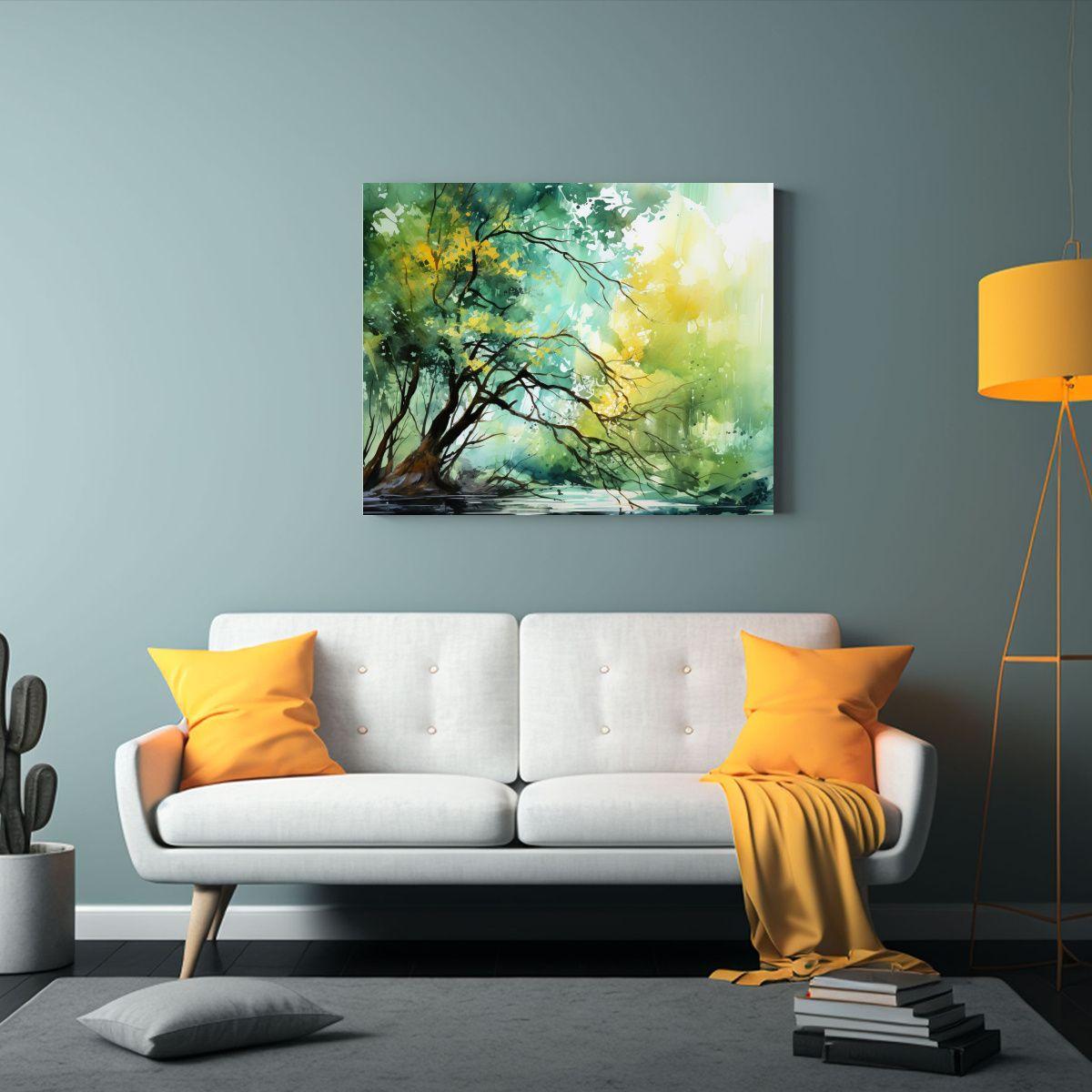 Pintura Abstracta De Un Bosque Con Árbol En Verde Y Turques 65x50cm-2