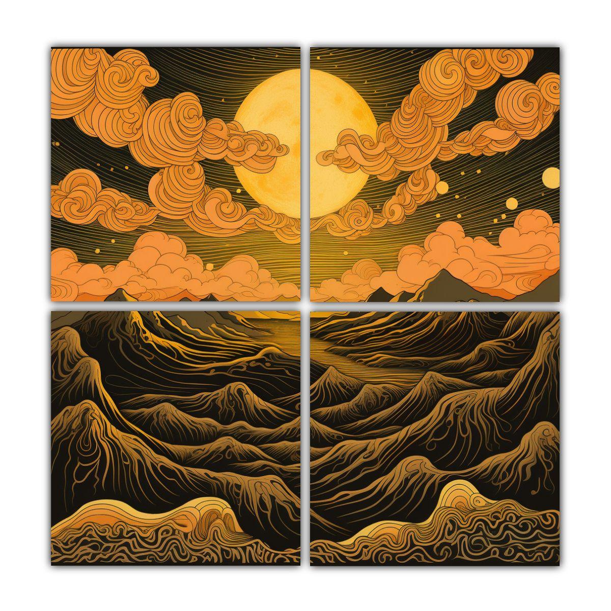 Pintura Acuarela De Montañas Y Sol En Cuatro 160x160 Cm-0