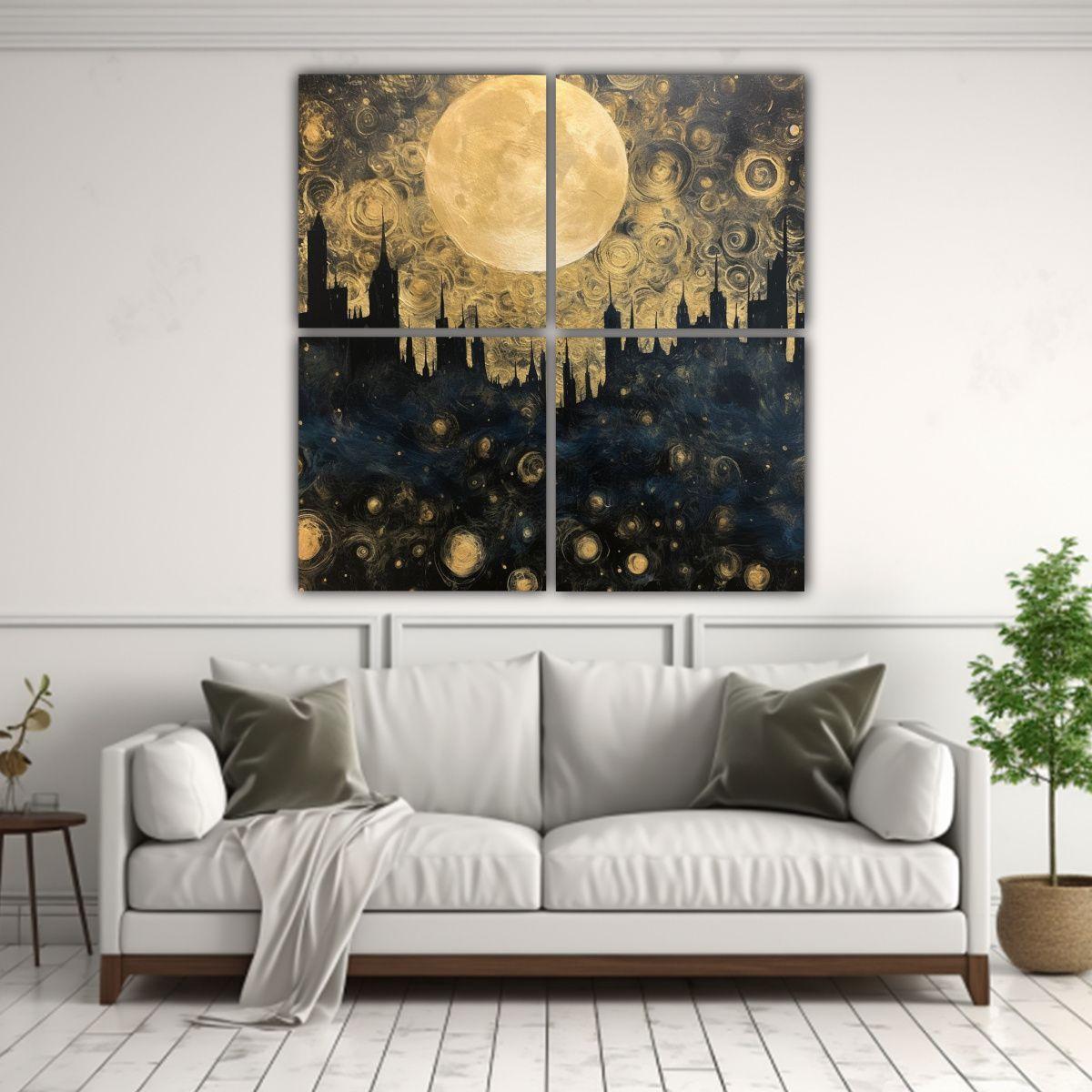 4 Lienzos Colores Alegres Noche Oscura Con Luna 200x200 Cm-2
