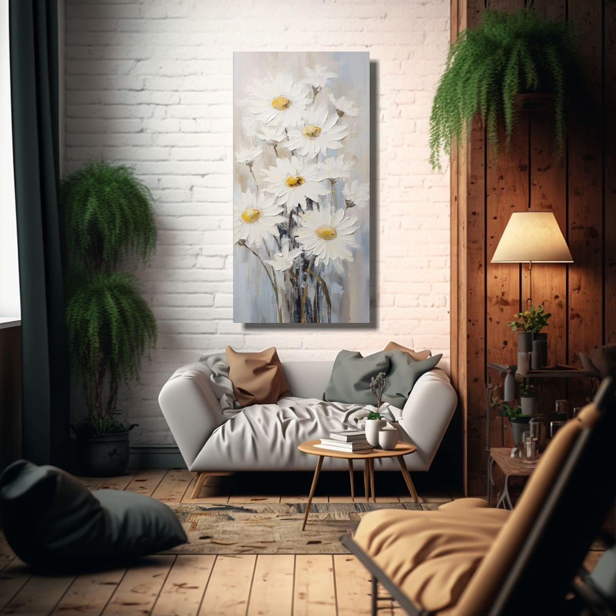 Cuadro De Lienzo Con Hermosos Girasoles Blancos 70x140cm-2