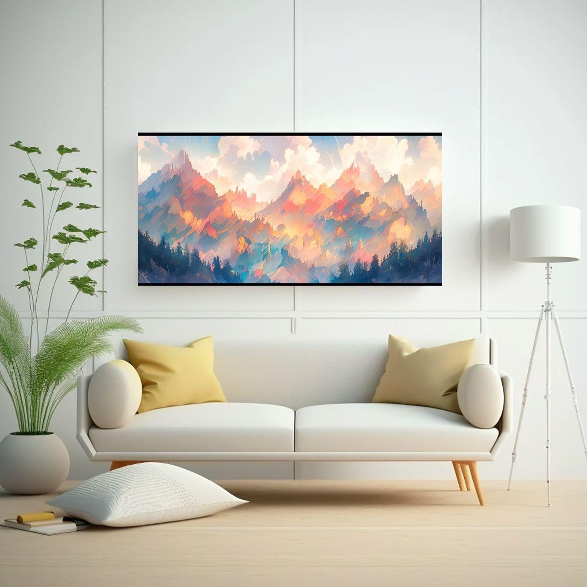 Cuadro Acuarela Montañas Famosas Con Arcoíris Y  60x30cm-2