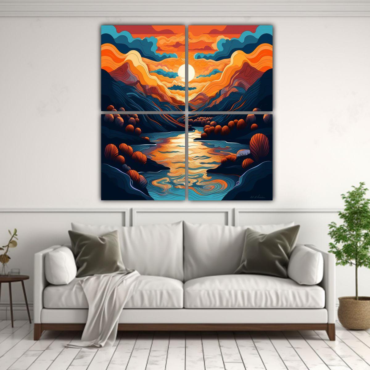 Cuadros Diseño Montañas Cerca Río Estilo Plano 100x100 Cm-2