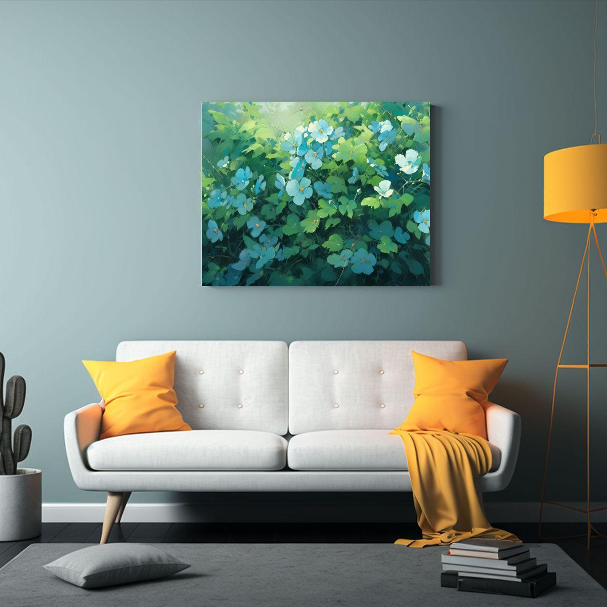 Pintura De Flores Verde Y Azul En Lienzo Para Decorar Comedo 30x20cm-2