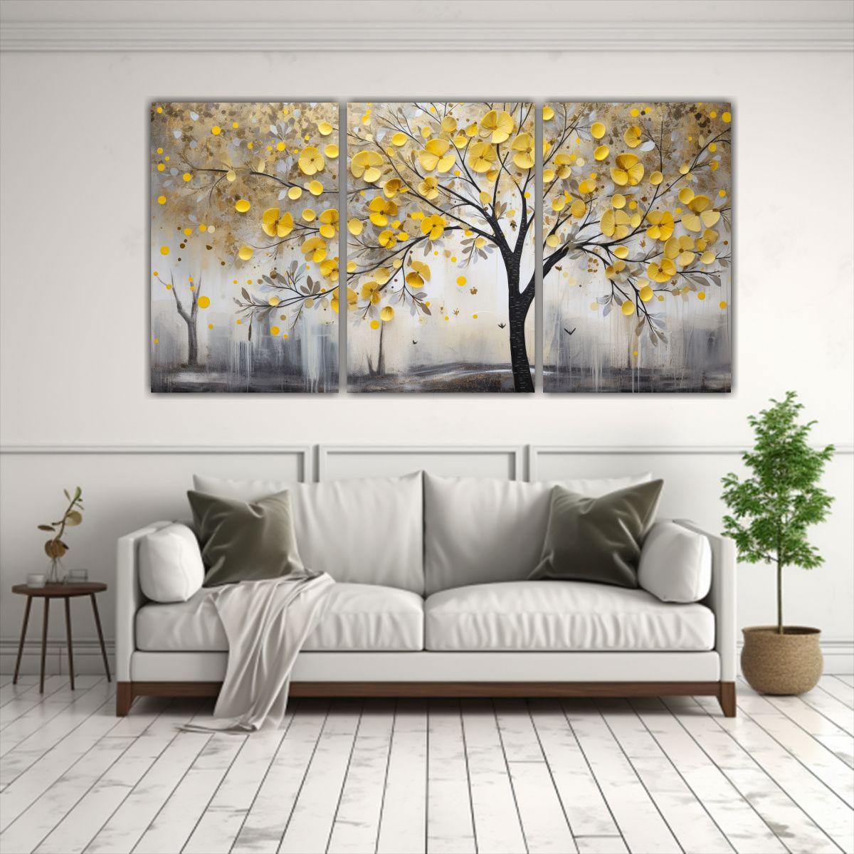 Conjunto 3 Telas Bastidor Vintage Árbol Amarillo 60x30 Cm-2