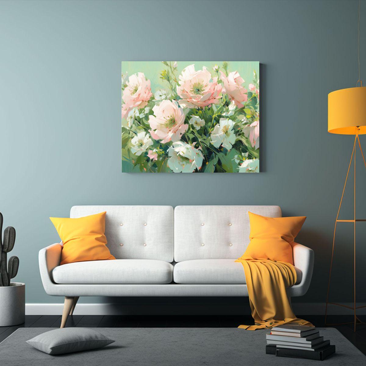 Pintura De Flores Verdes Y Rosas En Lienzo Para Decoración 75x50cm-2