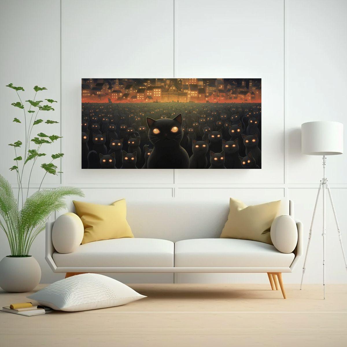 Pintura Mural De Gatos Negros Con Ojos Brillantes 60x30cm-2