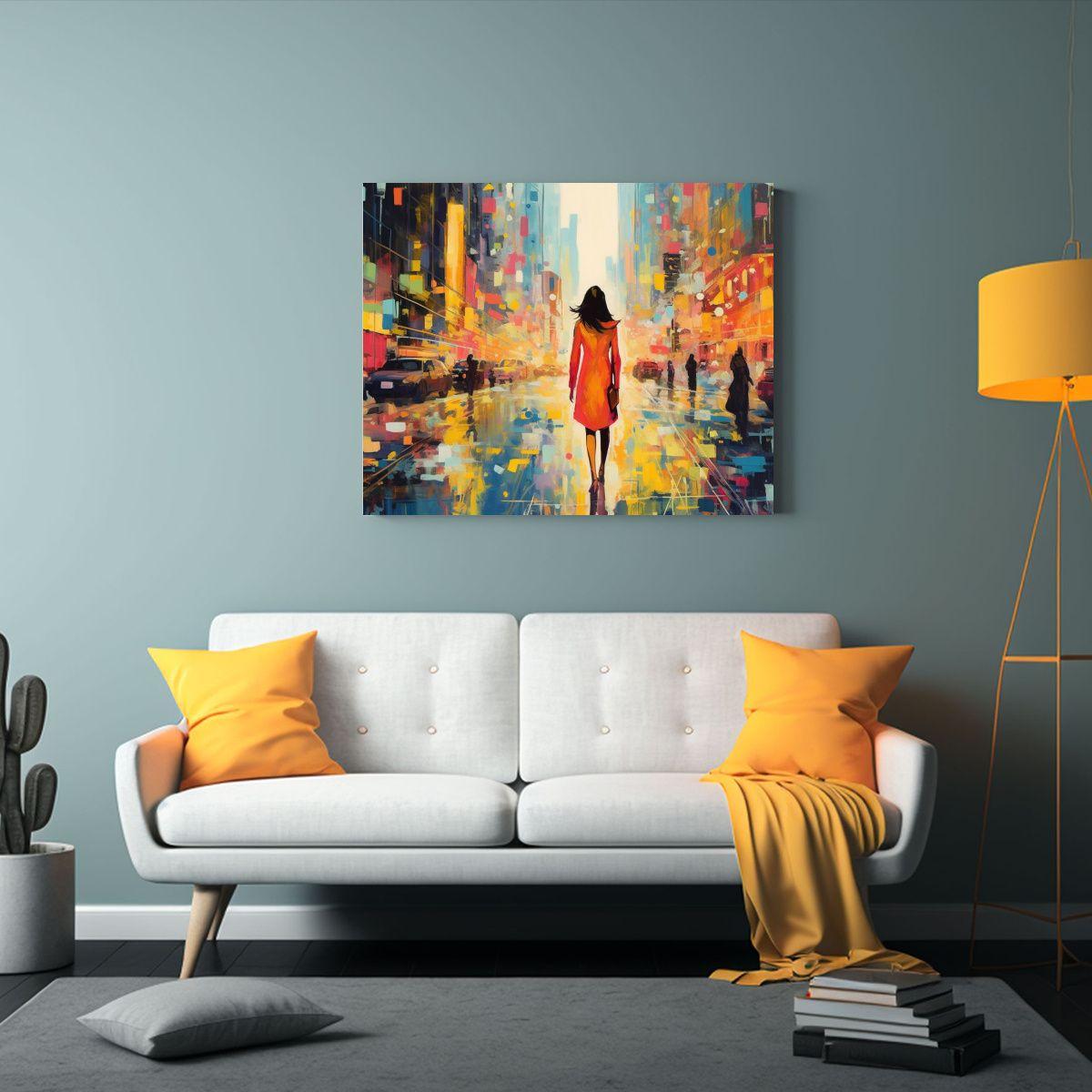 Mujer Paseando Por La Ciudad Admirando Pinturas Decorativas 75x50cm-1