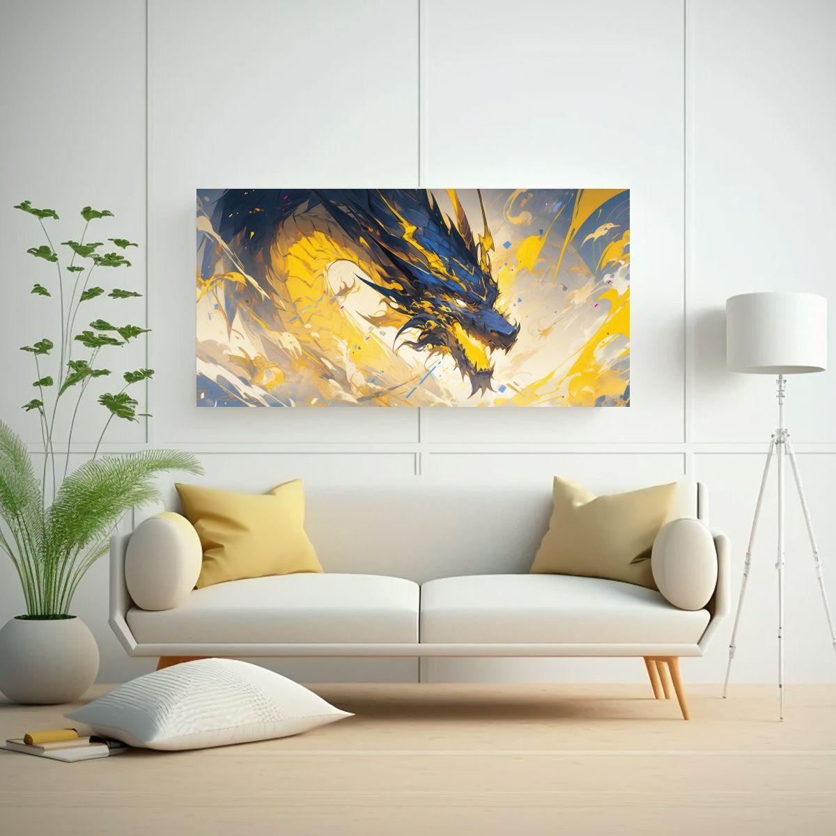Cuadro Elegante: Dragón En Colores Amarillo Y Azu 120x60cm-2