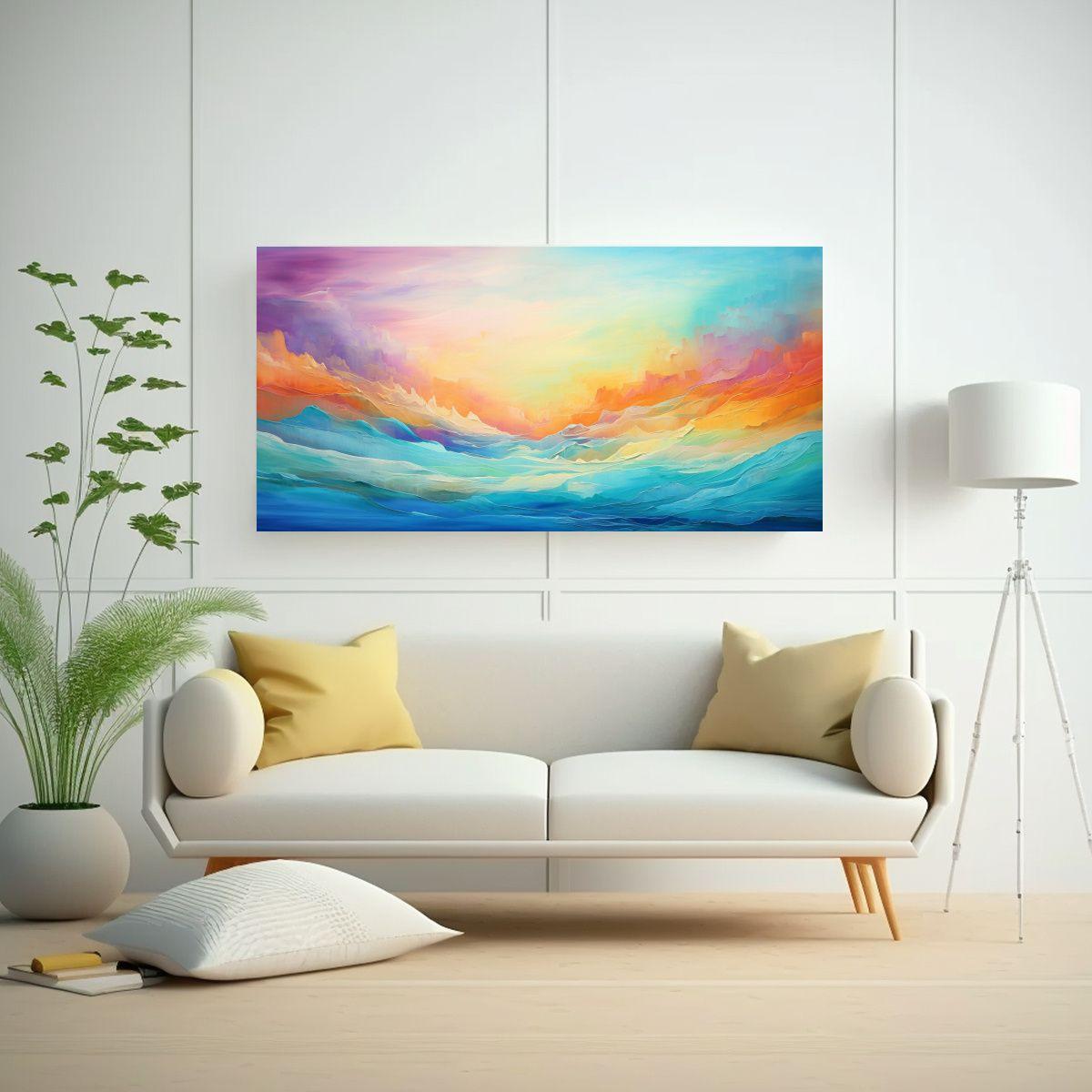 Lienzo Abstracto Paisaje Con Arcoíris Y Turquesa 140x70cm-2