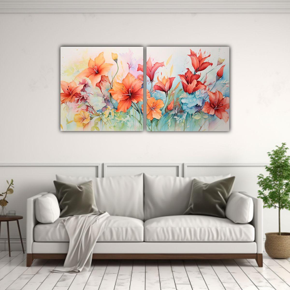 Pintura En Lienzo De Flores En Acuarela Estilo 60x30 Cm-2