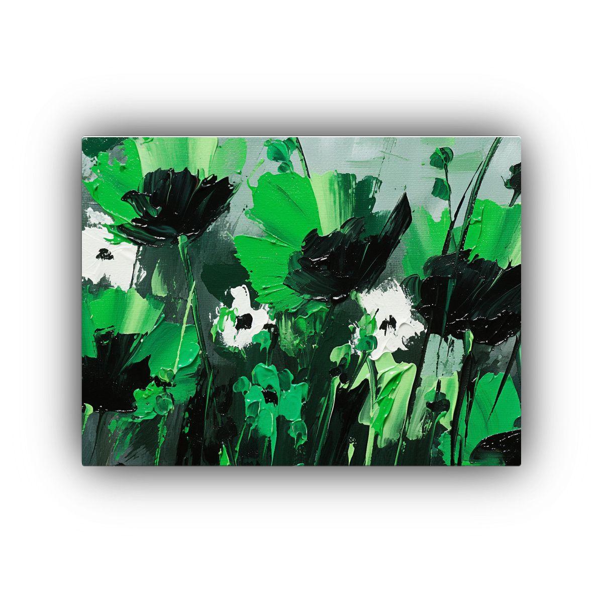 Pintura De Flores En Lienzo Verde Y Negro Para Decoración D 30x20cm-0
