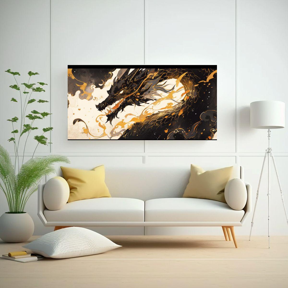 Cuadro Creativo: Dragón En Acuarelas Y Tonos Dora 80x40cm-2