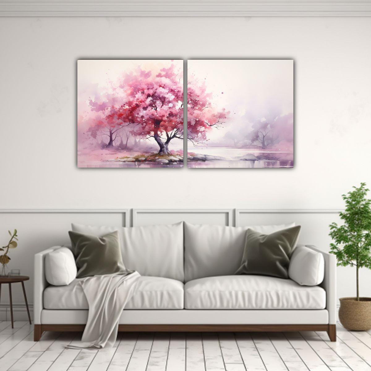 Pintura Abstracta De árbol Rosa Estilo Acuarela 100x50 Cm-2