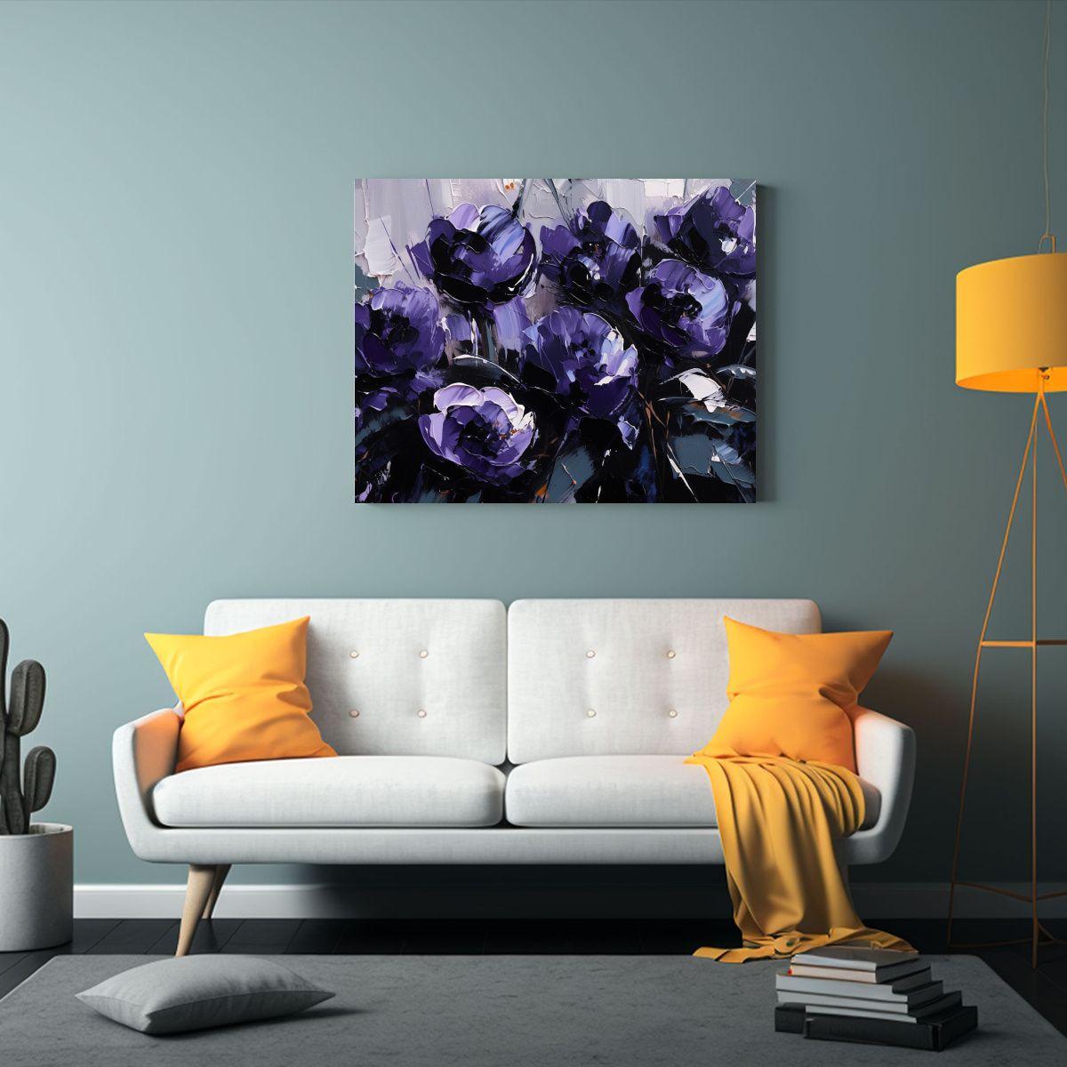 Pintura En Lienzo De Flores En Colores Morados Y Negros. 65x50cm-2