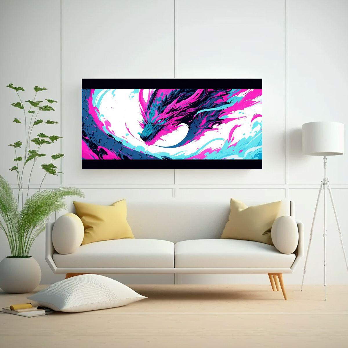 Cuadro Decorativo Dragón En Turquesa Y Rosa 140x70cm-2