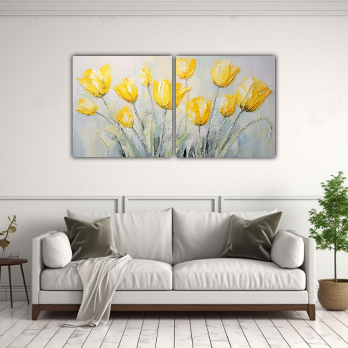 Pintura En Lienzo Moderna De Tulipanes Amarillos, 40x20 Cm-2