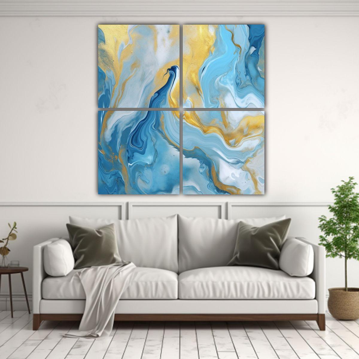 Cuadro Abstracto Azul Y Dorado, Arte De Pared 140x140 Cm-2