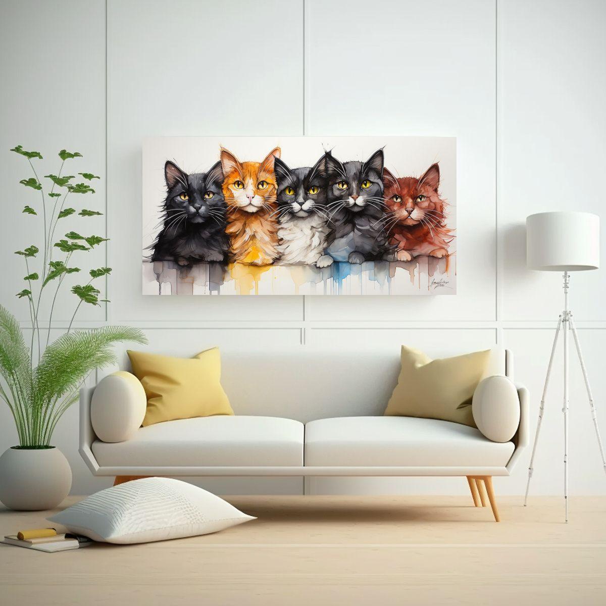 Pinturas De Pared Con Gatos En Una Pila Mirando 40x20cm-2