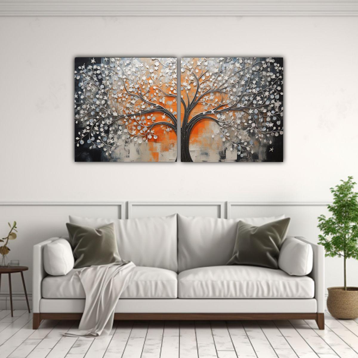 Pintura Decorativa De árbol En Naranja Y Plata 60x30 Cm-2
