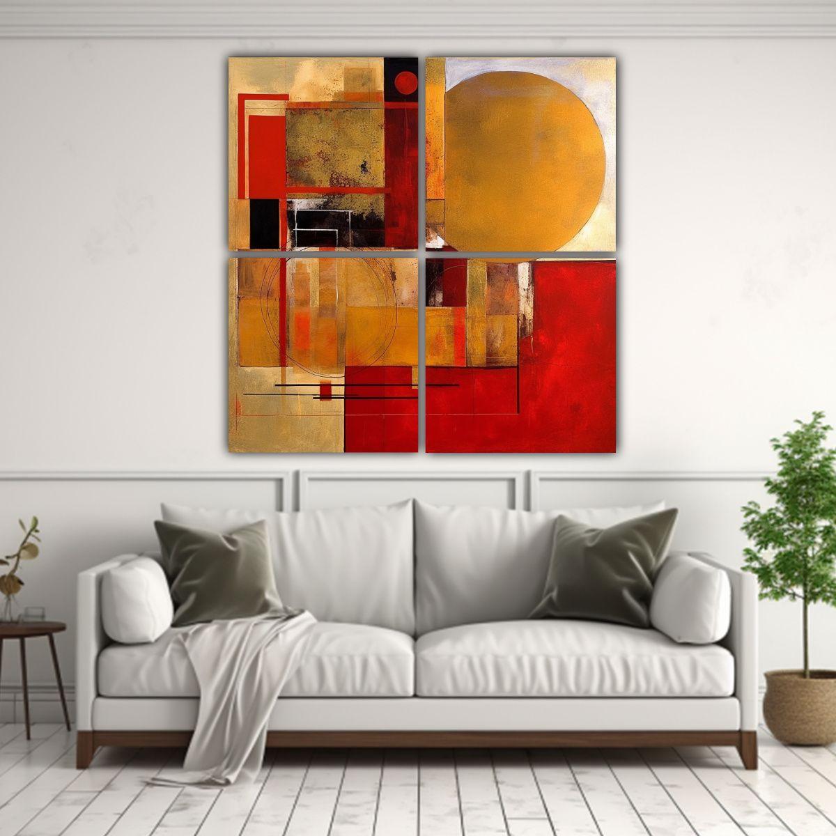 Cuatro Lienzos De Tela Con Dibujo Moderno En Rojo 140x140 Cm-2