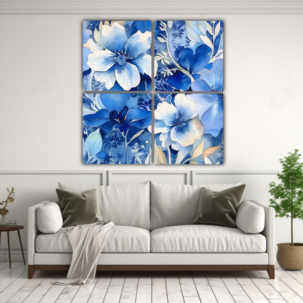 Pinturas Decorativas Florales Acuarela IKAT Azul 180x180 Cm-2