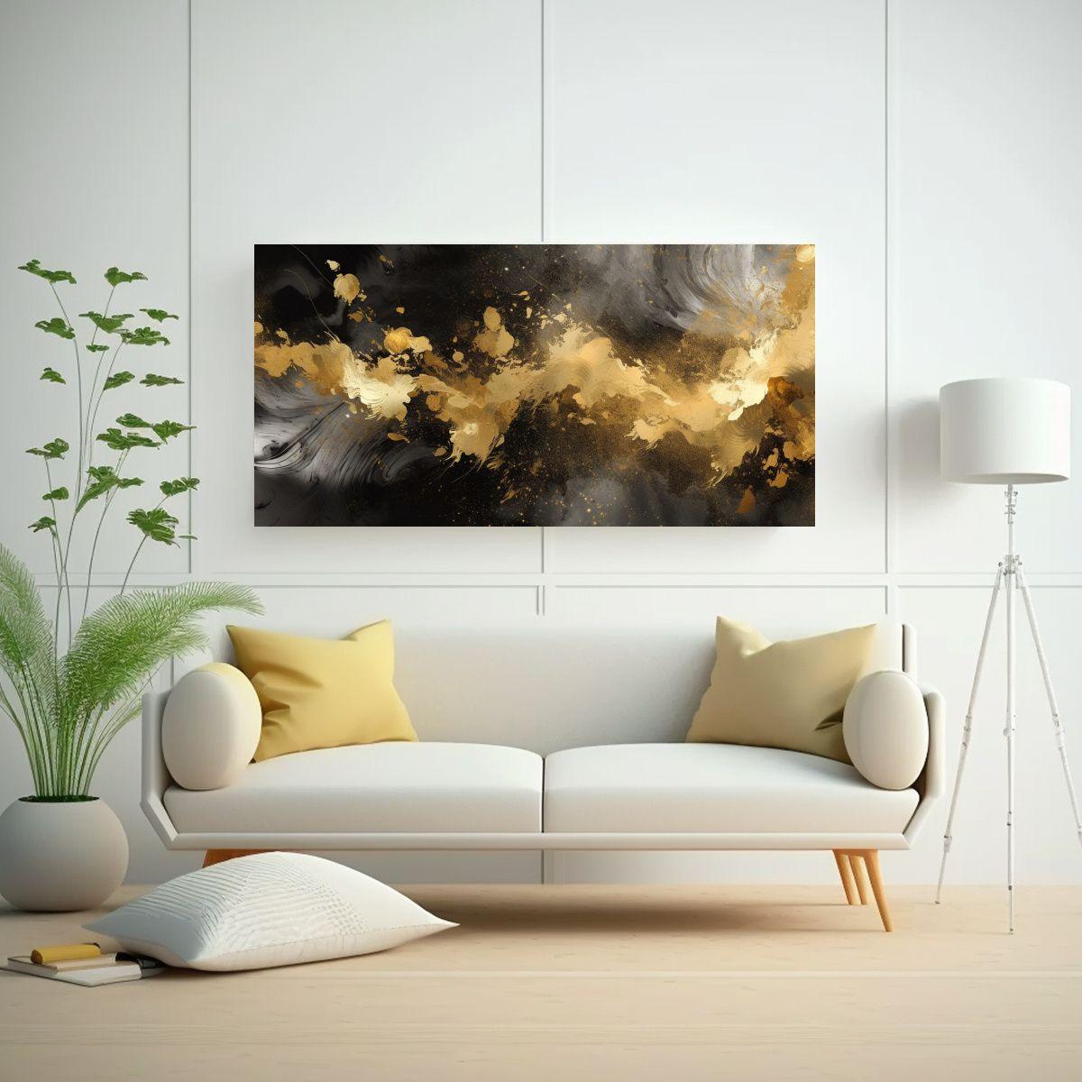 Pintura Digital Abstracta Negro Y Dorado, Líneas 160x80cm-2