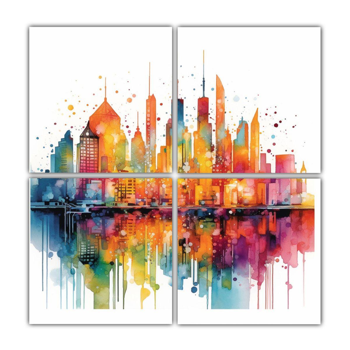 Cuatro Cuadros Acuarela Intensos De Ciudades 100x100 Cm-0
