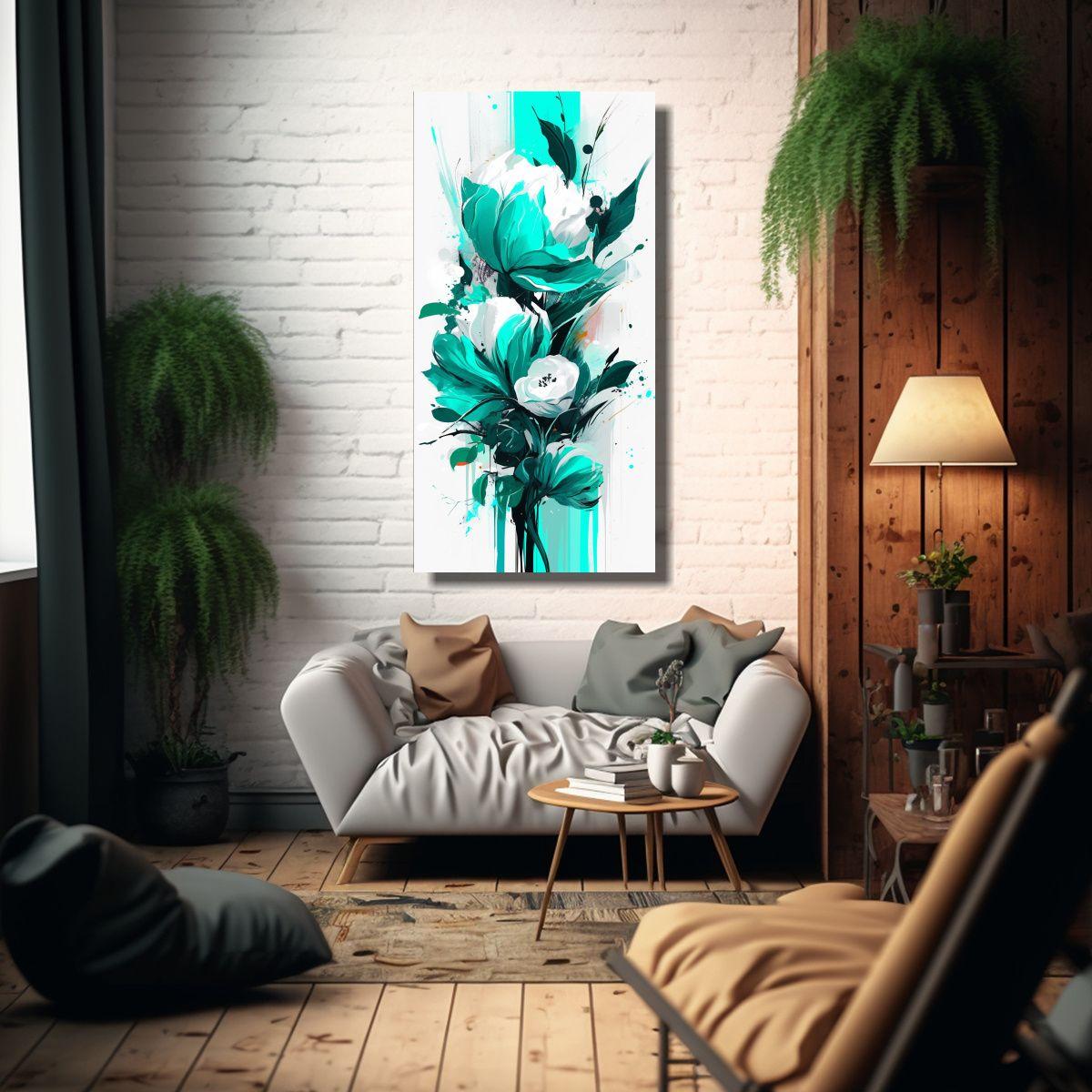 Pintura Abstracta En Bastidor Blanco Y Turquesa 80x160cm-2