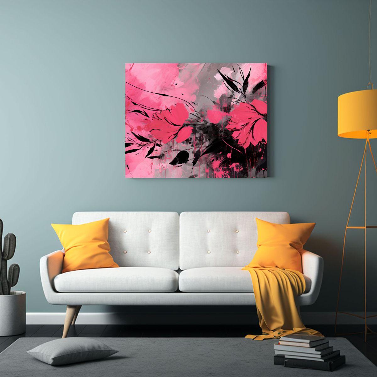 Cuadro En Lienzo De Movimiento Floral Negro Y Rosa Estilo De 40x30cm-2