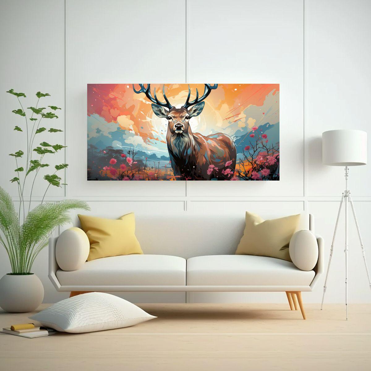 Cuadro Creativo Época Ciervo En Colores Coral Y L 120x60cm-2