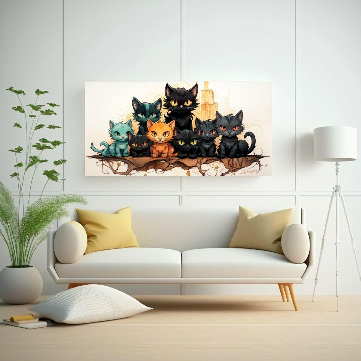 Cuadro Dibujo Gatos Negros Lindos En Pila Mirando 160x80cm-2