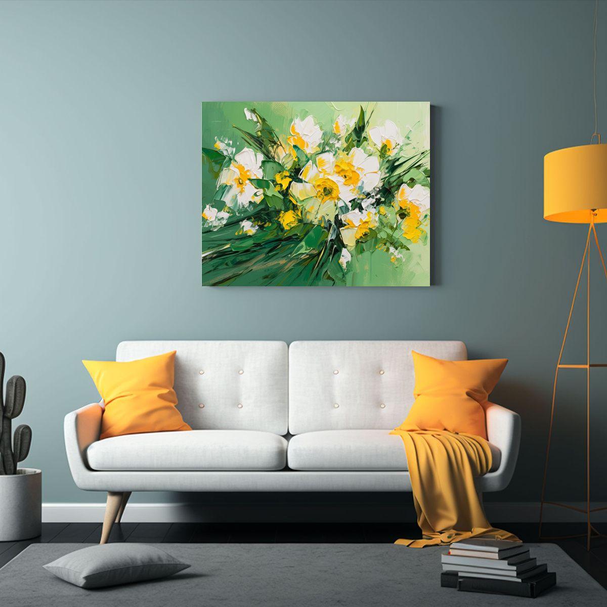 Pintura Floral En Lienzo Con Vitalidad En Amarillo Y Verde 30x20cm-2