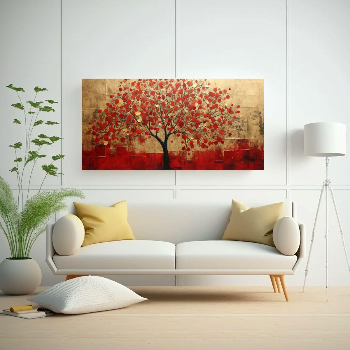 Pintura Decorativa Del árbol En Rojo Y Dorado: 40x20cm-2