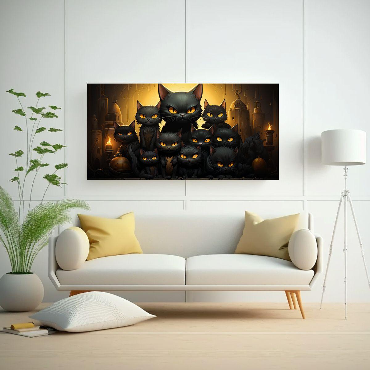 Pintura De Decoración: Grupo De Gatos Negros 100x50cm-2