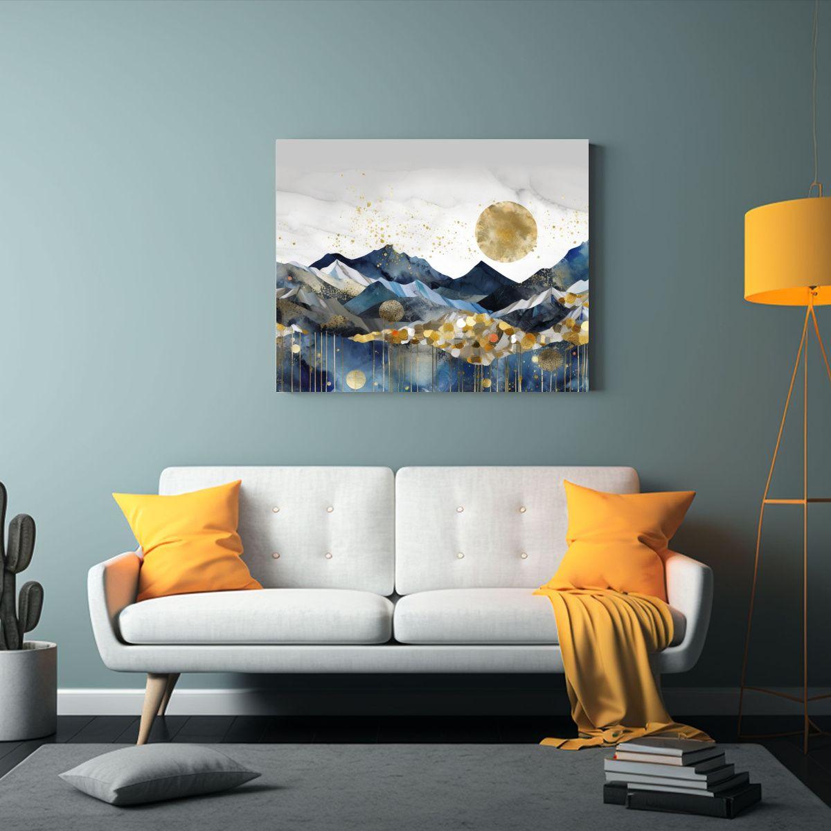 Pintura En Lienzo Luna Dorada Con Picos Montaña Representac 90x60cm-2