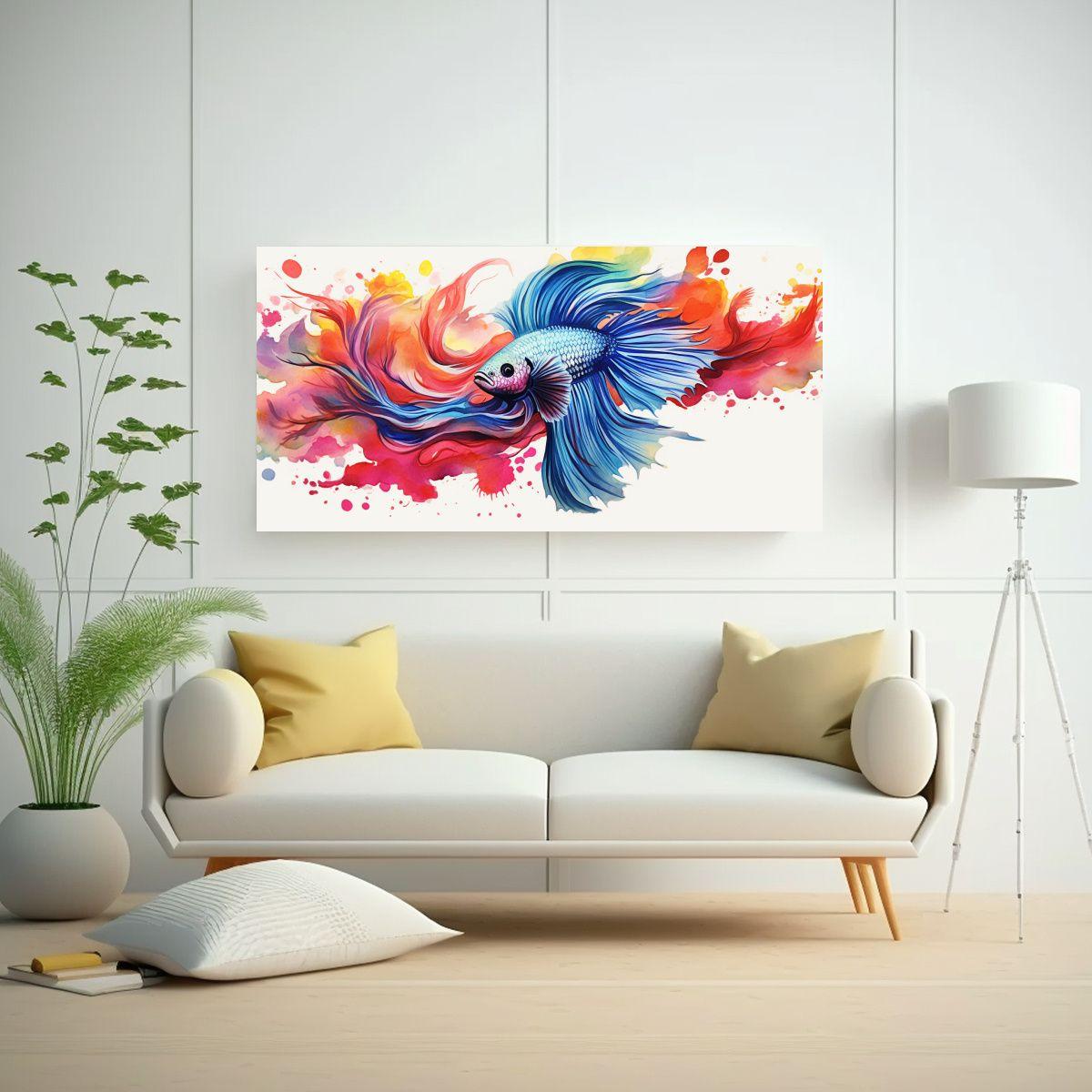 Pintura Acuarela Colorida Betta Fish Horizontal 120x60cm-2