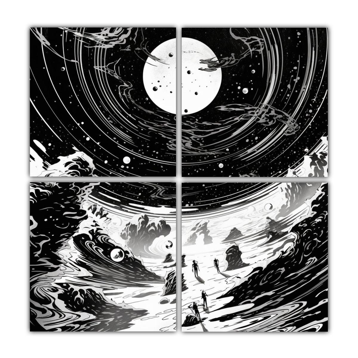Cuatro Lienzos SciFi Espacio Horrores Linocut 80x80 Cm-0