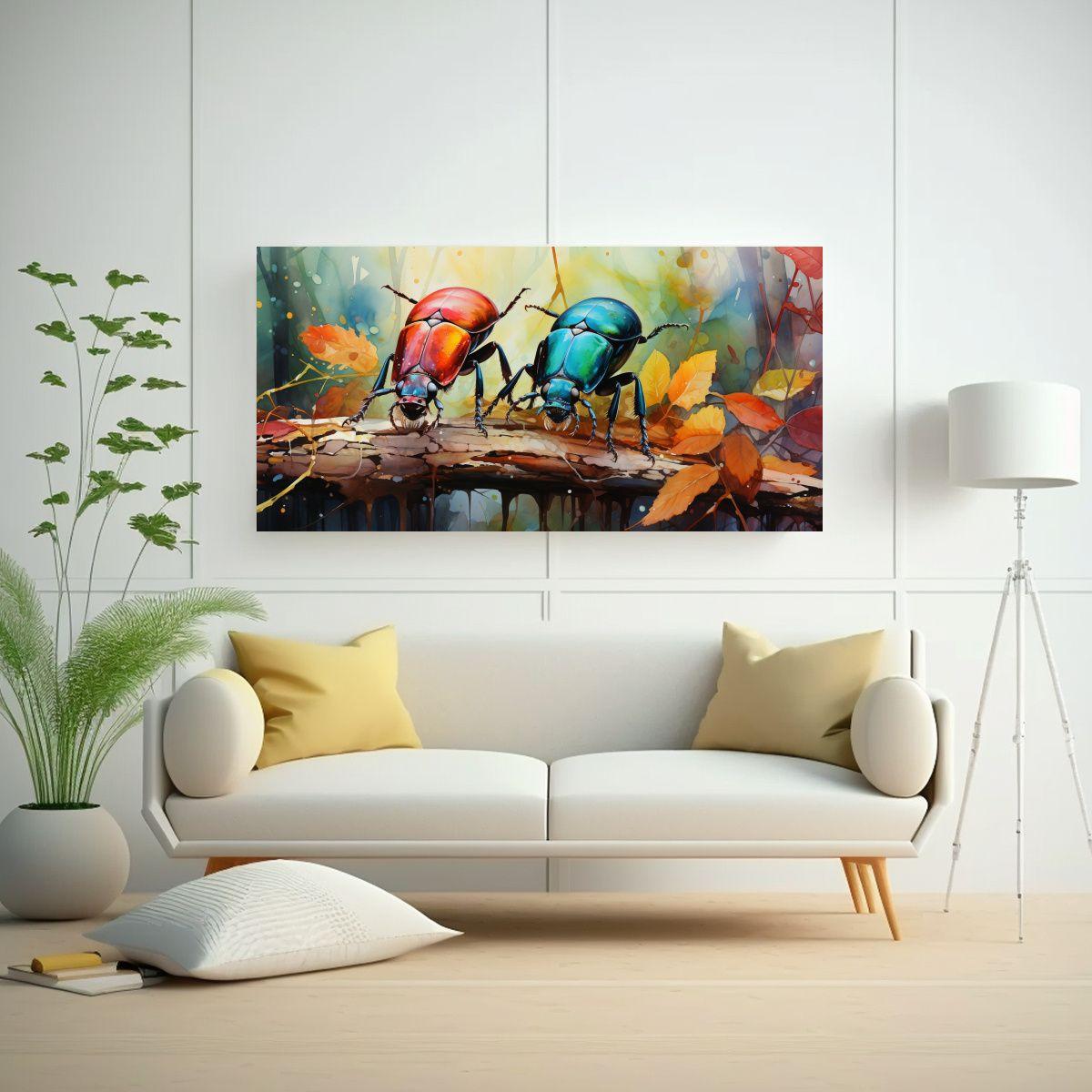 Cuadro Colorida De Escarabajos En Acuarela Estilo 80x40cm-2