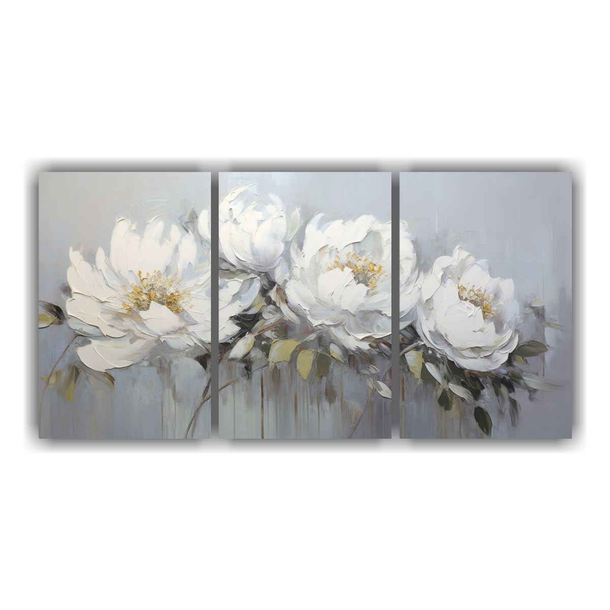 Pintura De Peonías Blancas En Tela Composición 90x45 Cm-0
