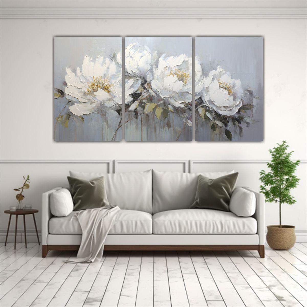 Pintura De Peonías Blancas En Tela Composición 90x45 Cm-2