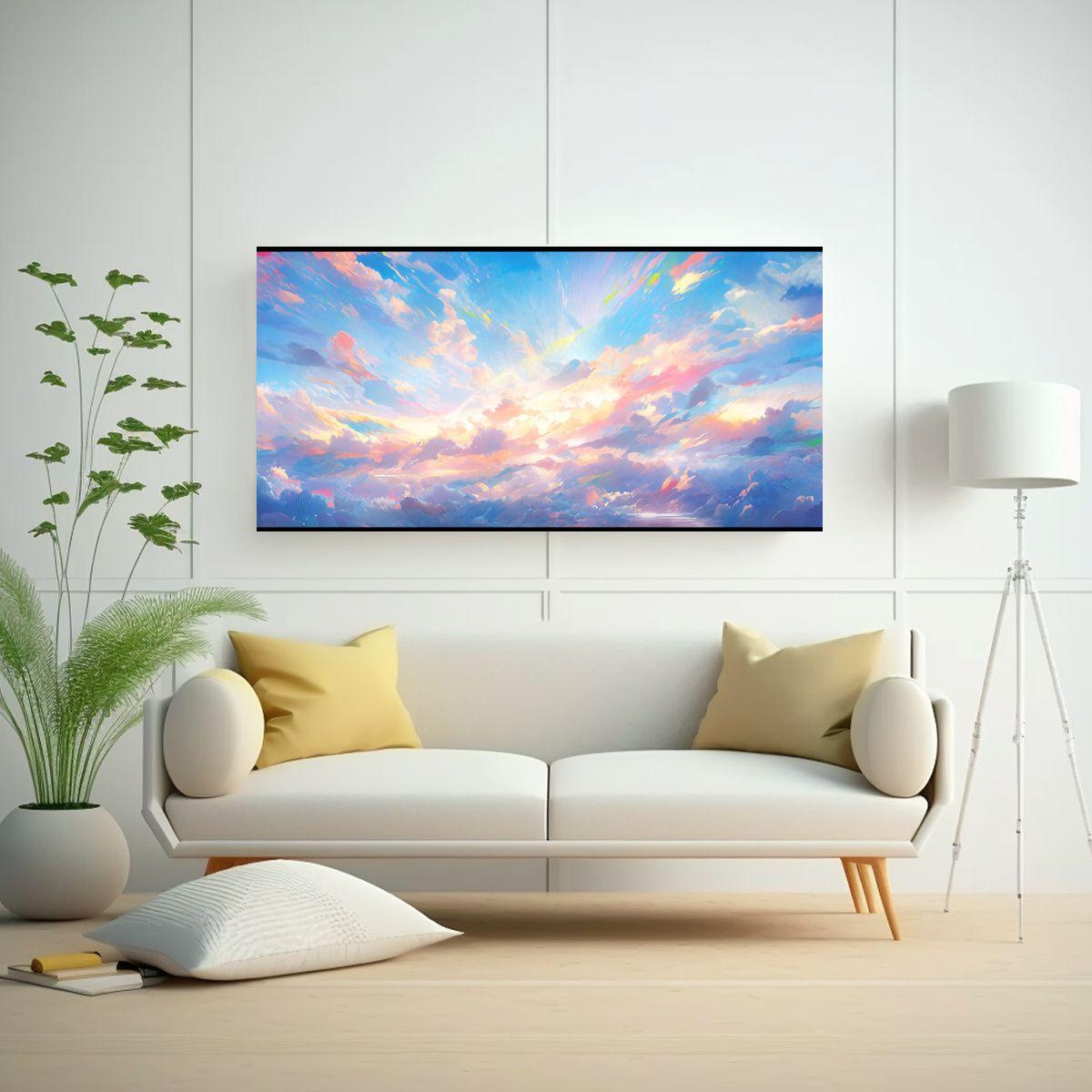Pintura Abstracta Pared Amanecer Con Arcoíris Y T 80x40cm-2